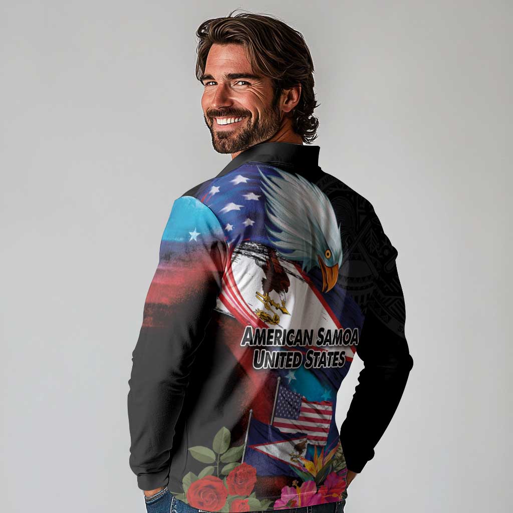 American Samoa and United States Together Long Sleeve Polo Shirt National Flag with Eagle-Hibiscus and Rose