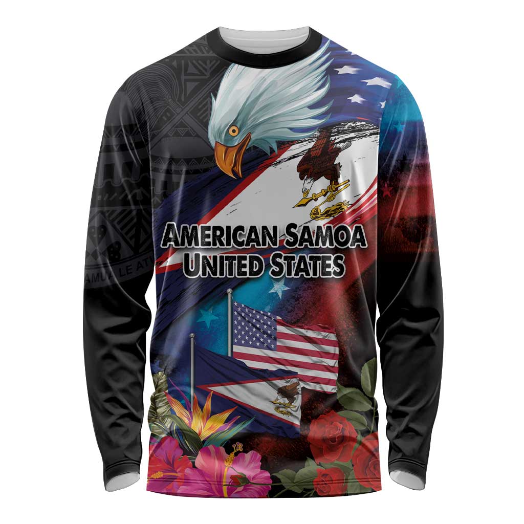 American Samoa and United States Together Long Sleeve Shirt National Flag with Eagle-Hibiscus and Rose