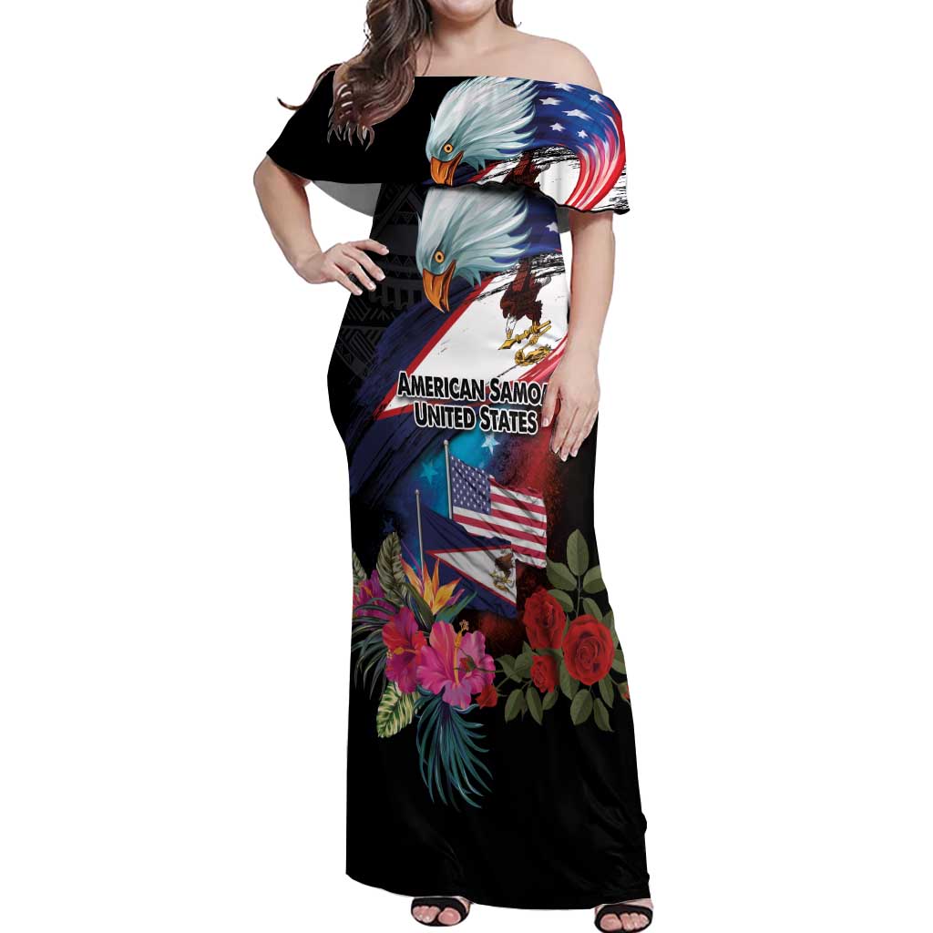 American Samoa and United States Together Off Shoulder Maxi Dress National Flag with Eagle-Hibiscus and Rose