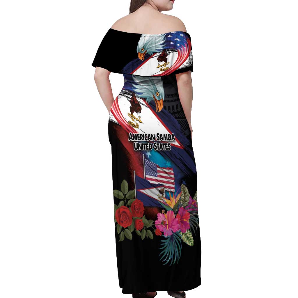 American Samoa and United States Together Off Shoulder Maxi Dress National Flag with Eagle-Hibiscus and Rose