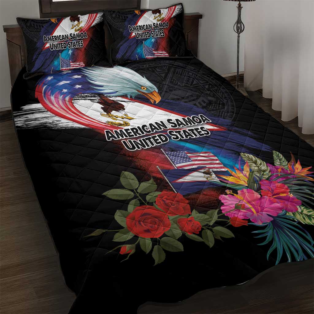 American Samoa and United States Together Quilt Bed Set National Flag with Eagle-Hibiscus and Rose