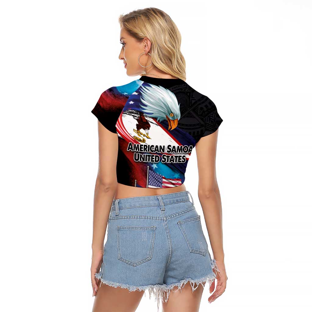 American Samoa and United States Together Raglan Cropped T Shirt National Flag with Eagle-Hibiscus and Rose