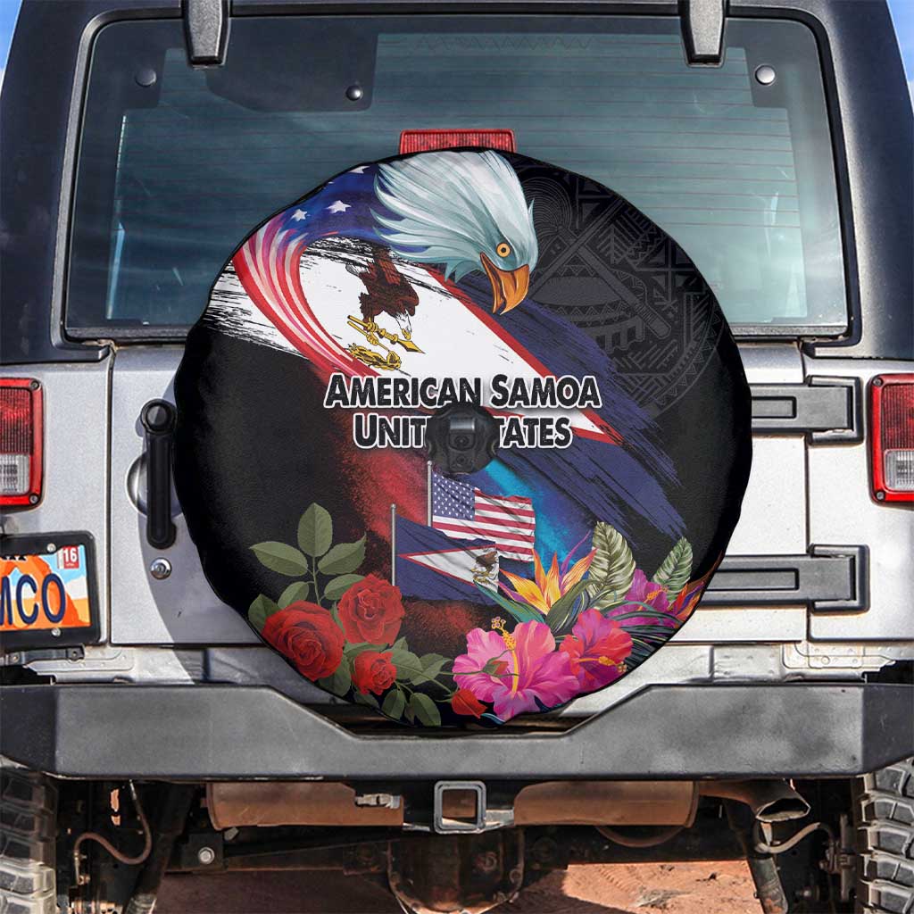 American Samoa and United States Together Spare Tire Cover National Flag with Eagle-Hibiscus and Rose