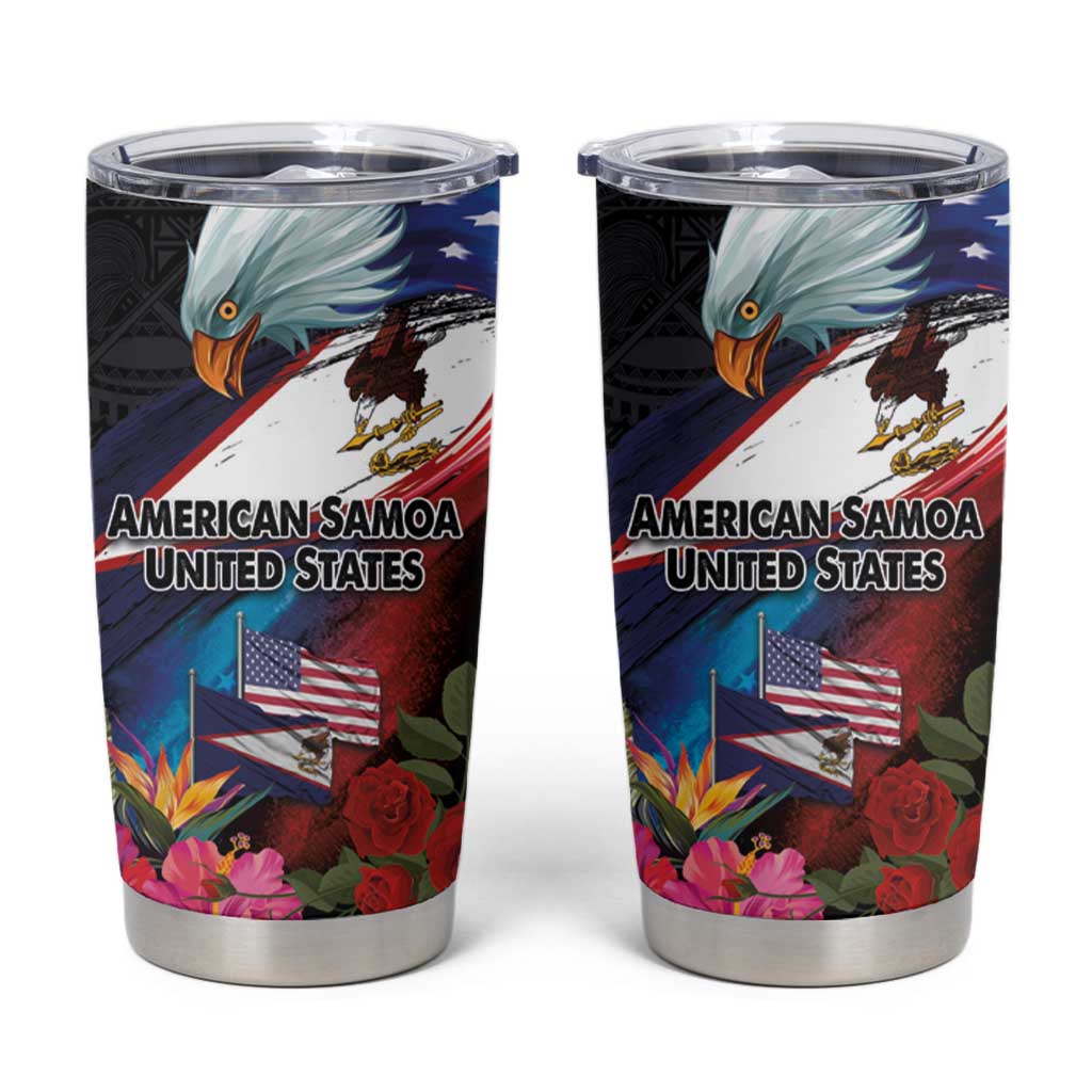 American Samoa and United States Together Tumbler Cup National Flag with Eagle-Hibiscus and Rose LT03 Black - Polynesian Pride