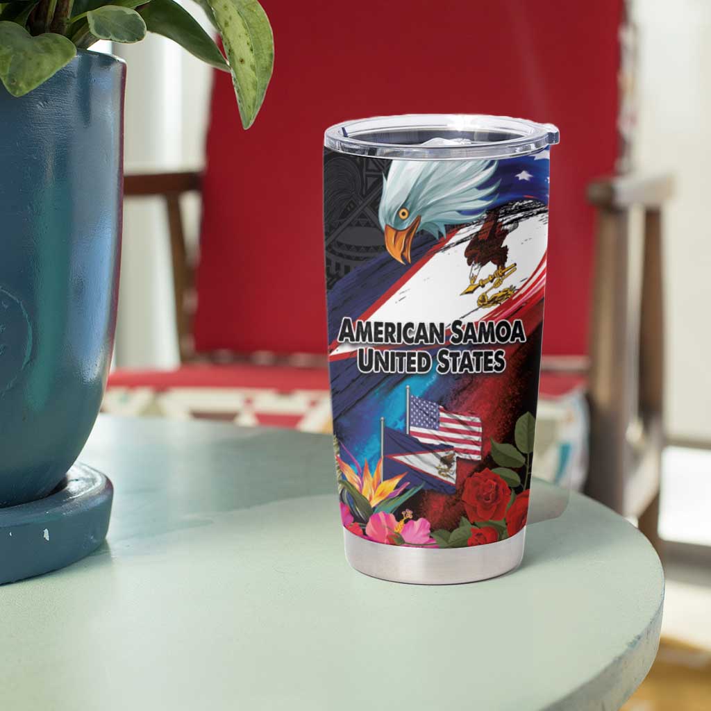 American Samoa and United States Together Tumbler Cup National Flag with Eagle-Hibiscus and Rose LT03 - Polynesian Pride