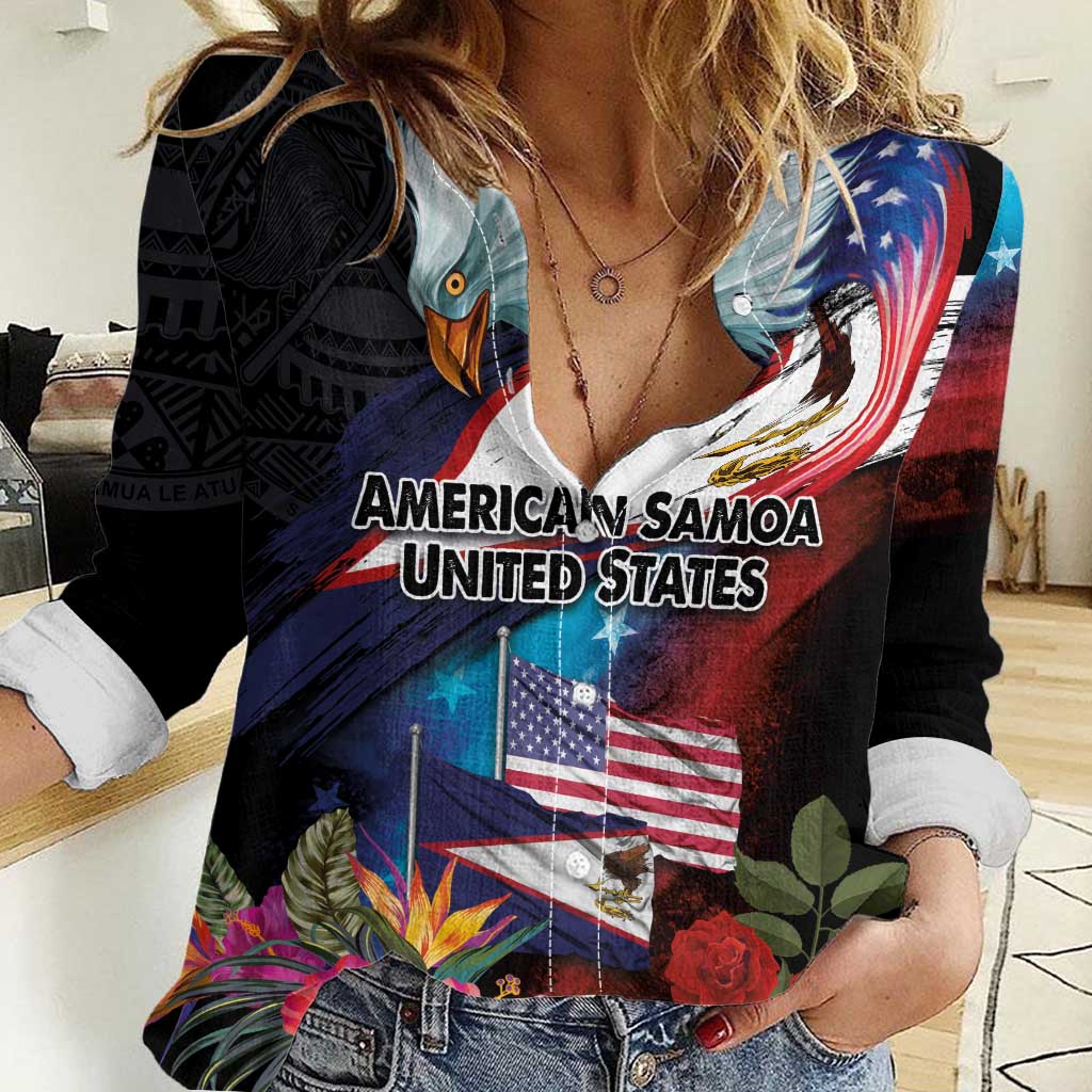 American Samoa and United States Together Women Casual Shirt National Flag with Eagle-Hibiscus and Rose