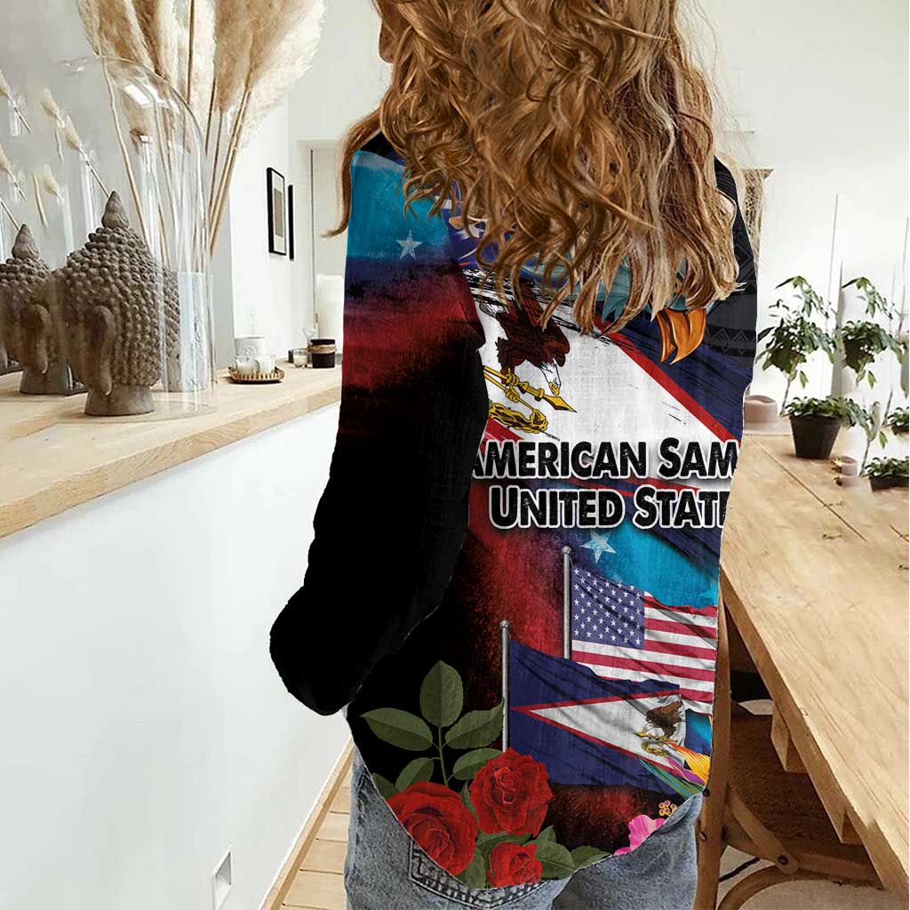 American Samoa and United States Together Women Casual Shirt National Flag with Eagle-Hibiscus and Rose