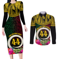 Vanuatu 44th Anniversary Independence Day Couples Matching Long Sleeve Bodycon Dress and Long Sleeve Button Shirt Boars Tusk and Namele Plant LT03 Black - Polynesian Pride