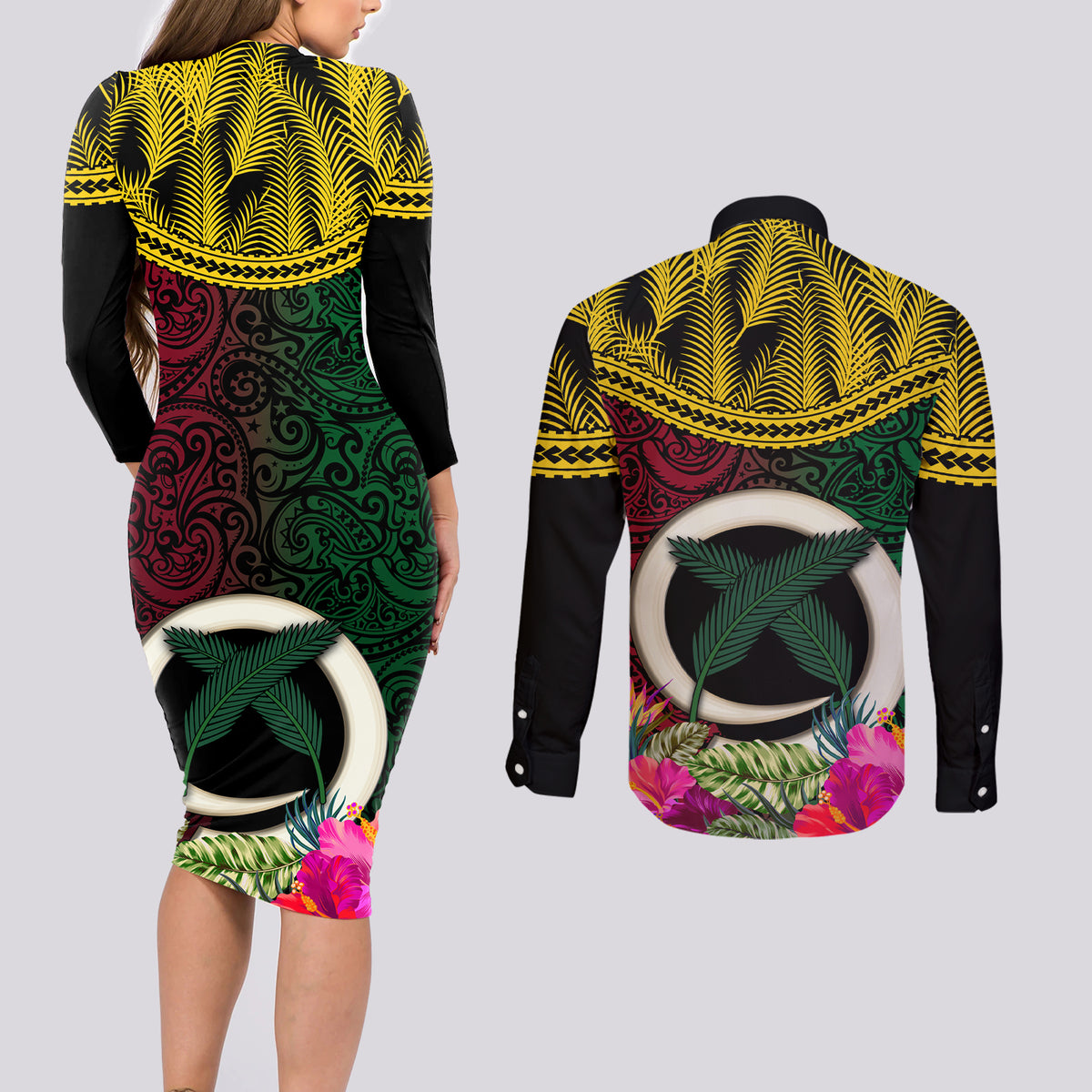 Vanuatu 44th Anniversary Independence Day Couples Matching Long Sleeve Bodycon Dress and Long Sleeve Button Shirt Boars Tusk and Namele Plant LT03 - Polynesian Pride