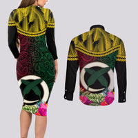Vanuatu 44th Anniversary Independence Day Couples Matching Long Sleeve Bodycon Dress and Long Sleeve Button Shirt Boars Tusk and Namele Plant LT03 - Polynesian Pride