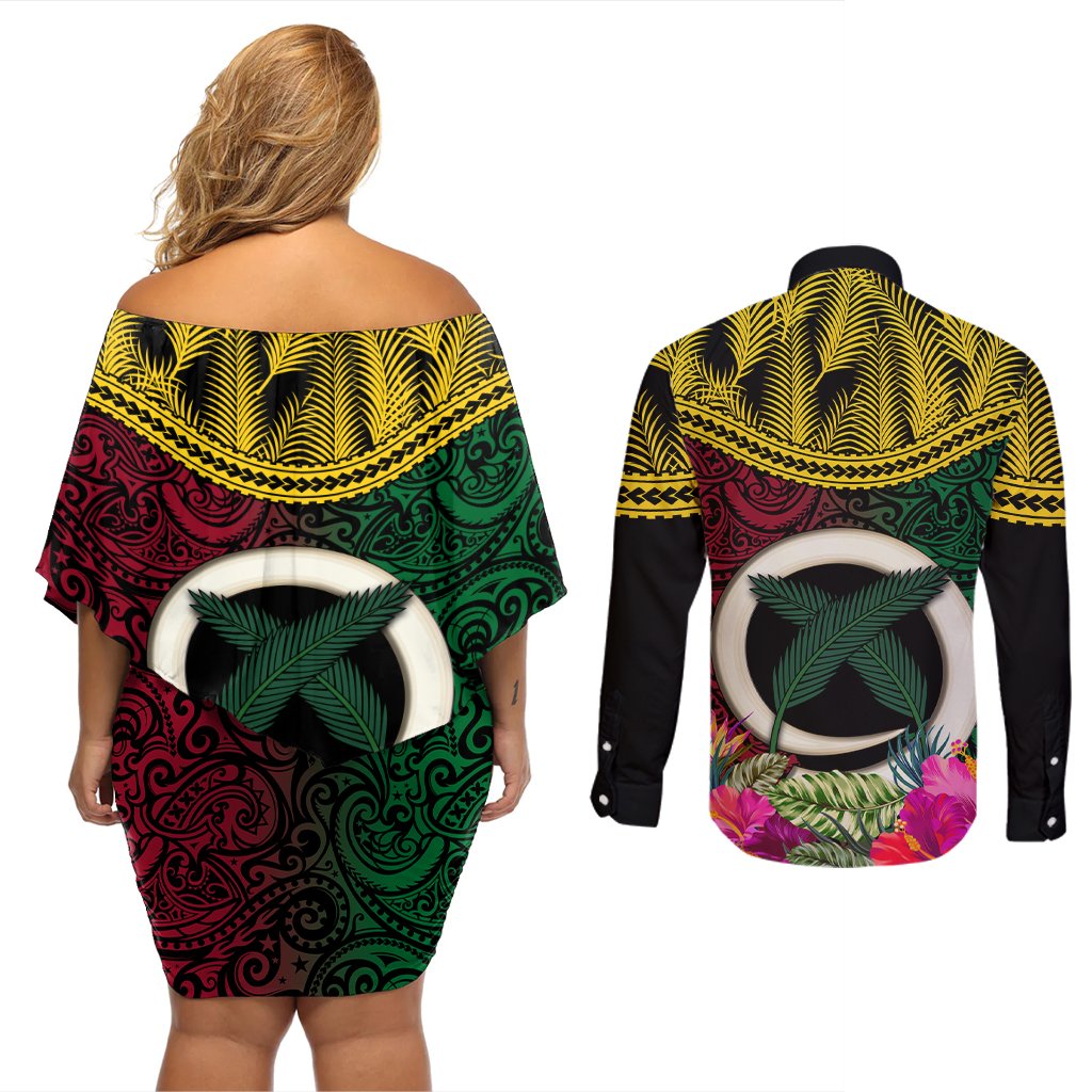 Vanuatu 44th Anniversary Independence Day Couples Matching Off Shoulder Short Dress and Long Sleeve Button Shirt Boars Tusk and Namele Plant LT03 - Polynesian Pride