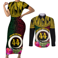 Vanuatu 44th Anniversary Independence Day Couples Matching Short Sleeve Bodycon Dress and Long Sleeve Button Shirt Boars Tusk and Namele Plant LT03 Black - Polynesian Pride