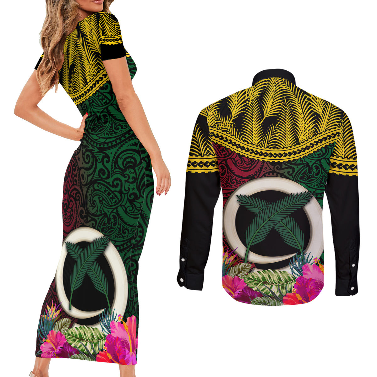 Vanuatu 44th Anniversary Independence Day Couples Matching Short Sleeve Bodycon Dress and Long Sleeve Button Shirt Boars Tusk and Namele Plant LT03 - Polynesian Pride