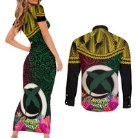 Vanuatu 44th Anniversary Independence Day Couples Matching Short Sleeve Bodycon Dress and Long Sleeve Button Shirt Boars Tusk and Namele Plant LT03 - Polynesian Pride