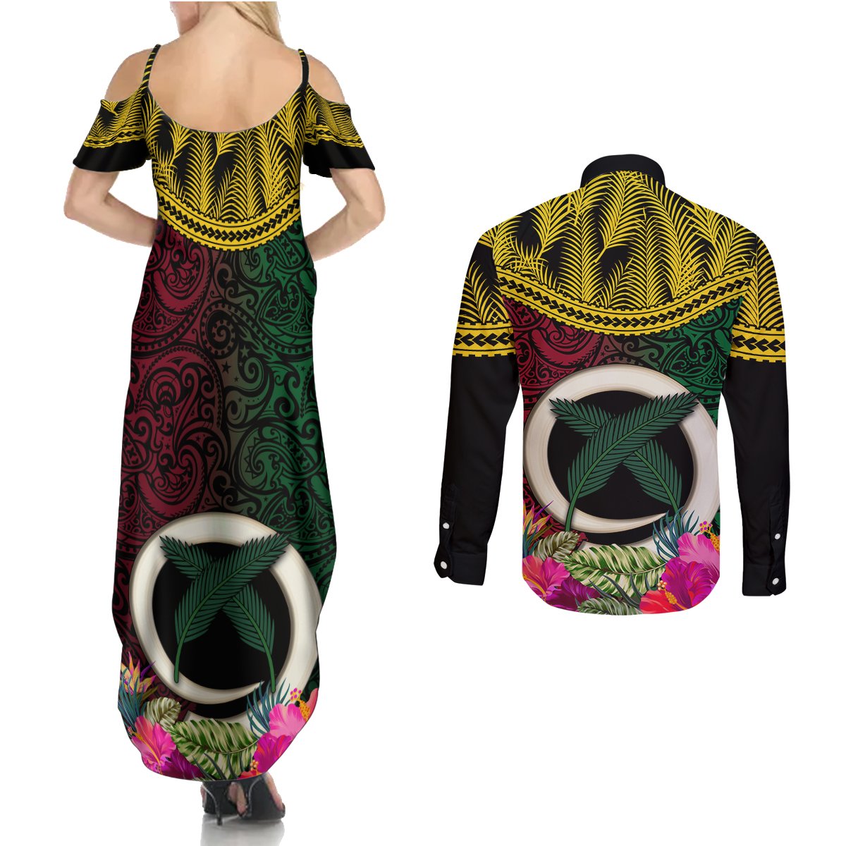 Vanuatu 44th Anniversary Independence Day Couples Matching Summer Maxi Dress and Long Sleeve Button Shirt Boars Tusk and Namele Plant LT03 - Polynesian Pride