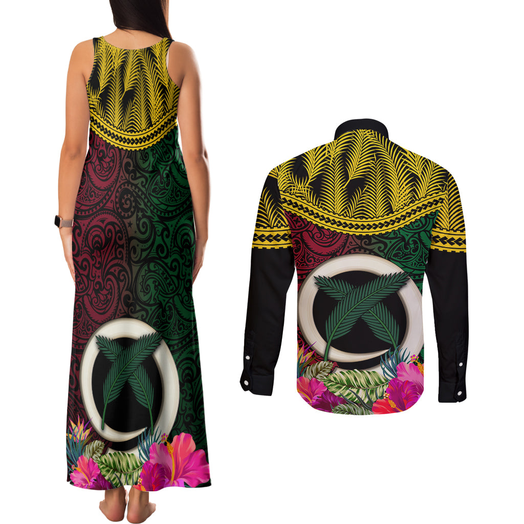 Vanuatu 44th Anniversary Independence Day Couples Matching Tank Maxi Dress and Long Sleeve Button Shirt Boars Tusk and Namele Plant LT03 - Polynesian Pride
