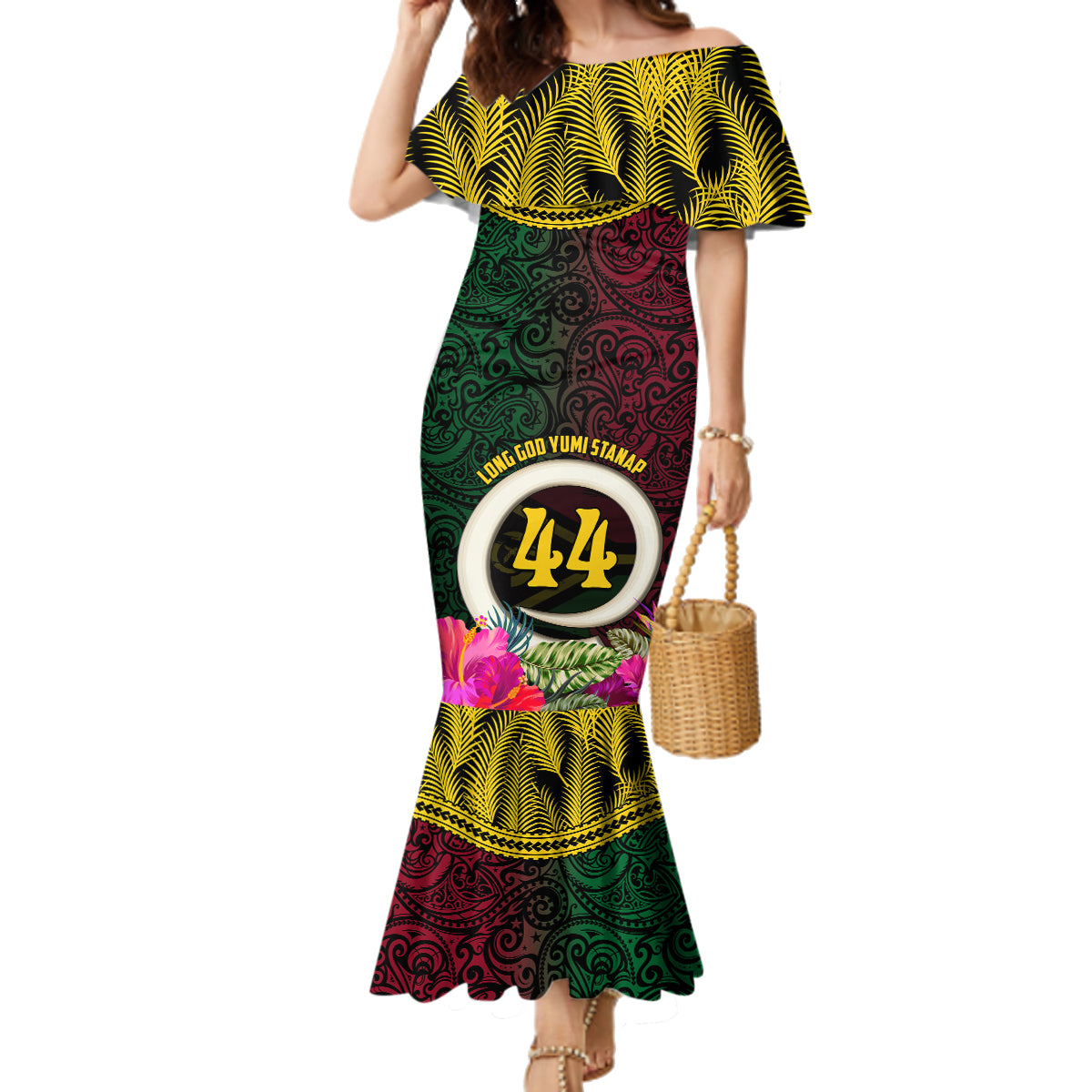 Vanuatu 44th Anniversary Independence Day Family Matching Mermaid Dress and Hawaiian Shirt Boars Tusk and Namele Plant LT03 Mom's Dress Black - Polynesian Pride