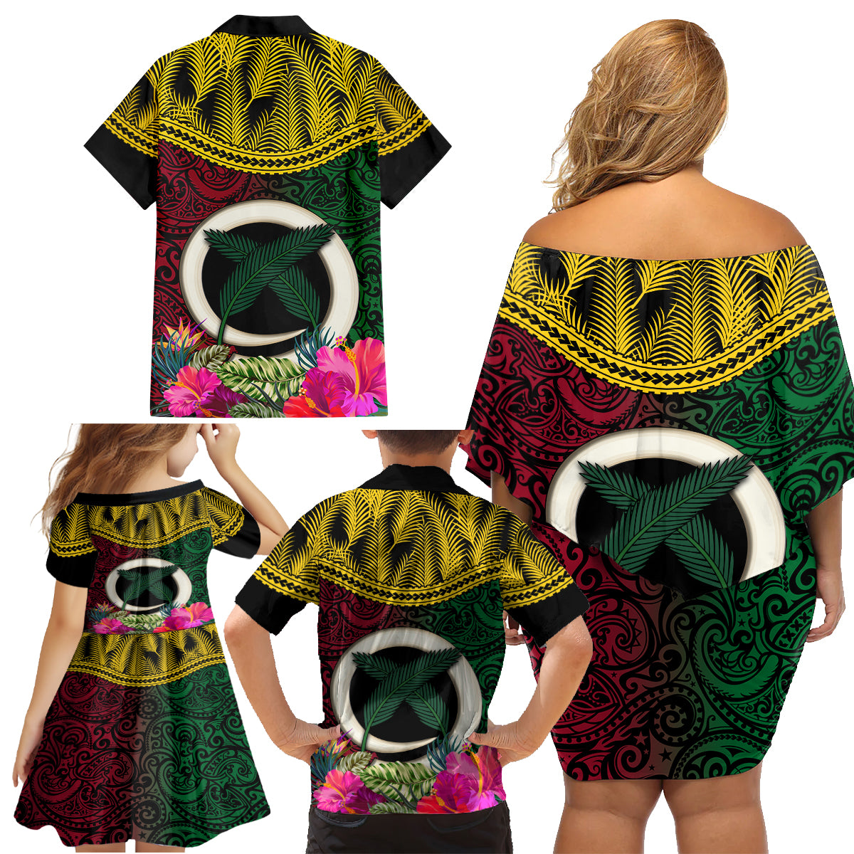 Vanuatu 44th Anniversary Independence Day Family Matching Off Shoulder Short Dress and Hawaiian Shirt Boars Tusk and Namele Plant LT03 - Polynesian Pride
