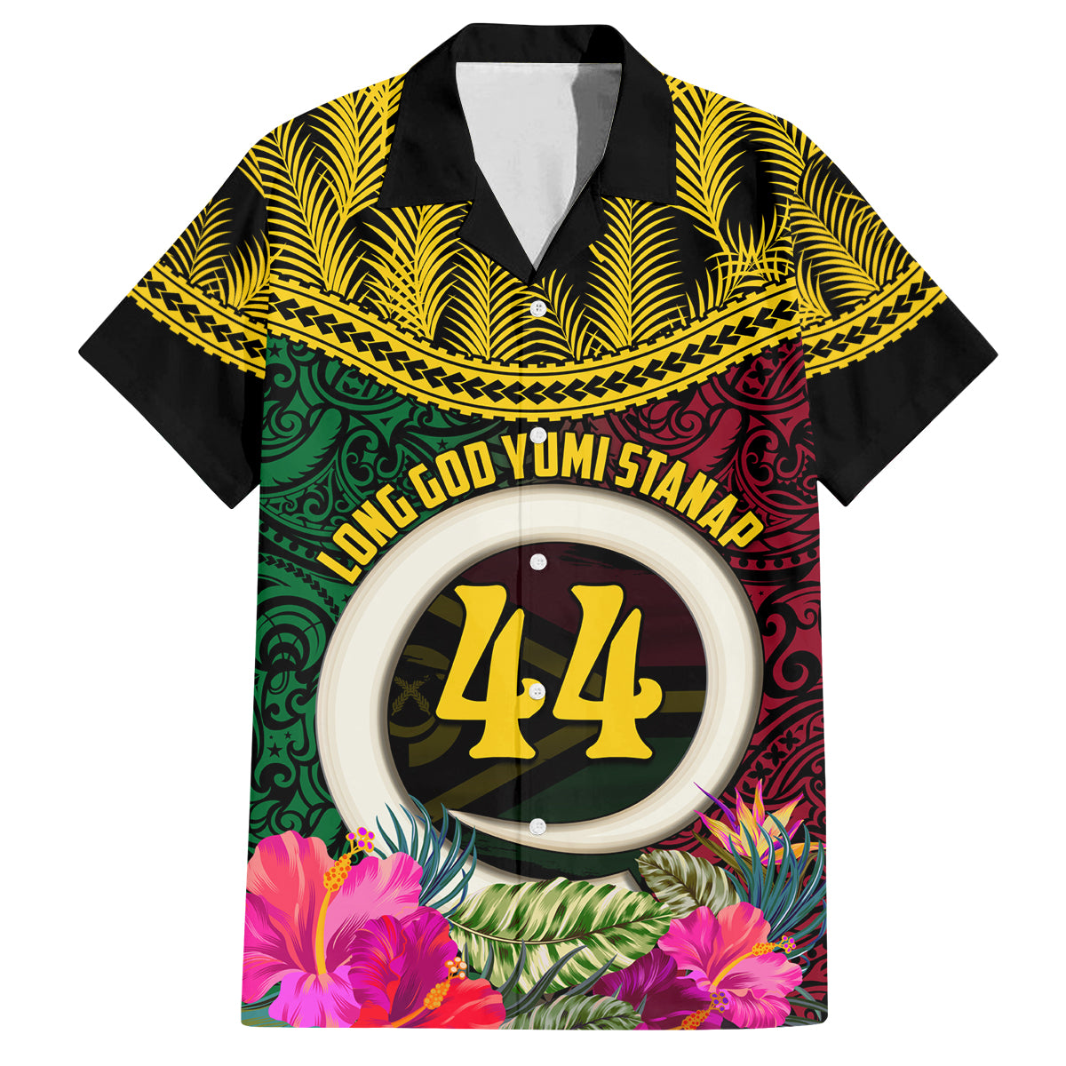 Vanuatu 44th Anniversary Independence Day Family Matching Off Shoulder Short Dress and Hawaiian Shirt Boars Tusk and Namele Plant LT03 Dad's Shirt - Short Sleeve Black - Polynesian Pride