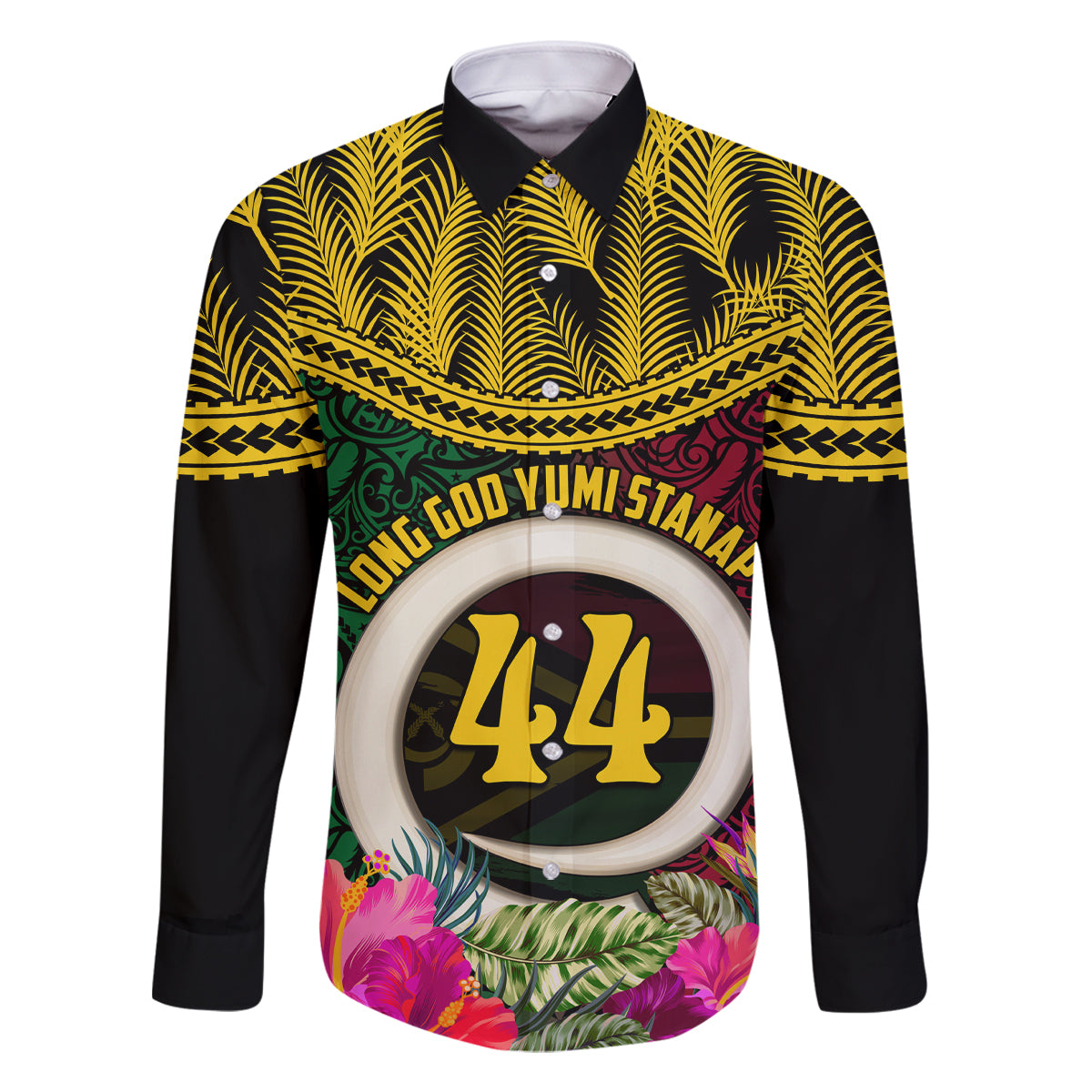 Vanuatu 44th Anniversary Independence Day Family Matching Off Shoulder Short Dress and Hawaiian Shirt Boars Tusk and Namele Plant LT03 Dad's Shirt - Long Sleeve Black - Polynesian Pride