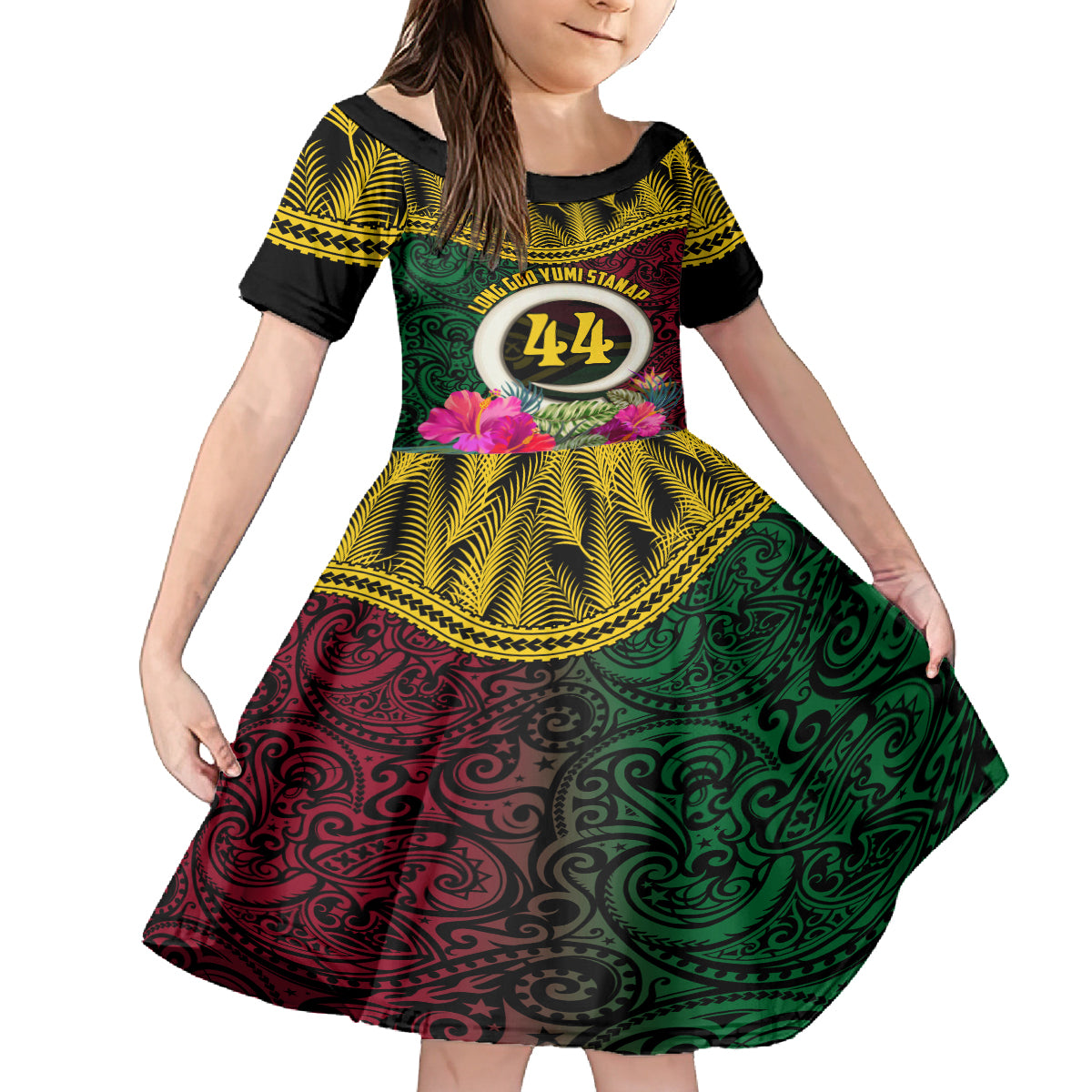 Vanuatu 44th Anniversary Independence Day Family Matching Summer Maxi Dress and Hawaiian Shirt Boars Tusk and Namele Plant LT03 Daughter's Dress Black - Polynesian Pride