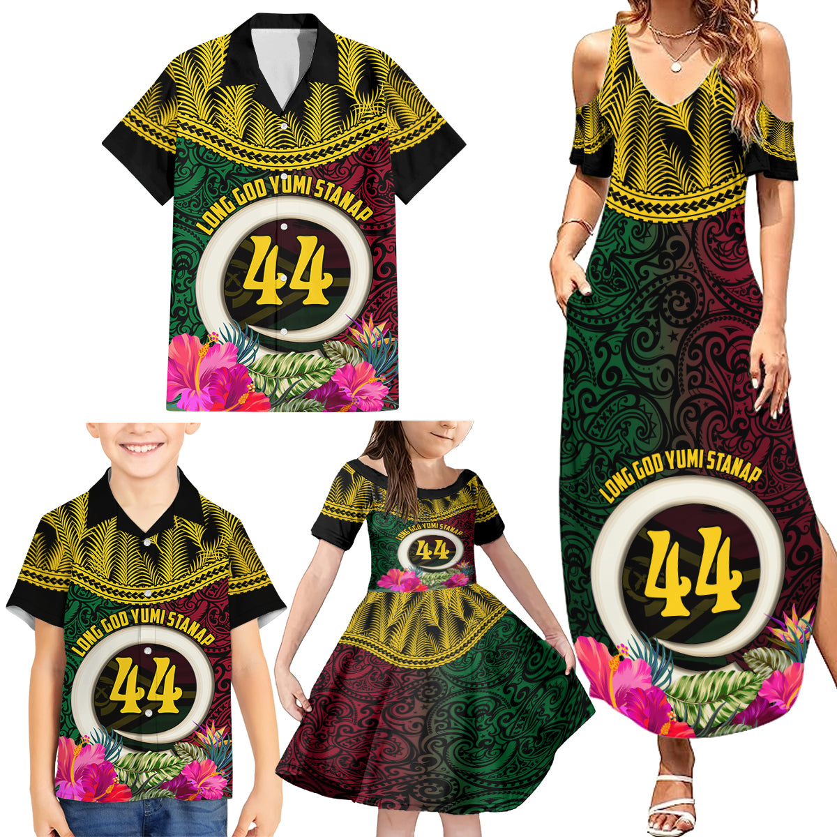 Vanuatu 44th Anniversary Independence Day Family Matching Summer Maxi Dress and Hawaiian Shirt Boars Tusk and Namele Plant LT03 - Polynesian Pride
