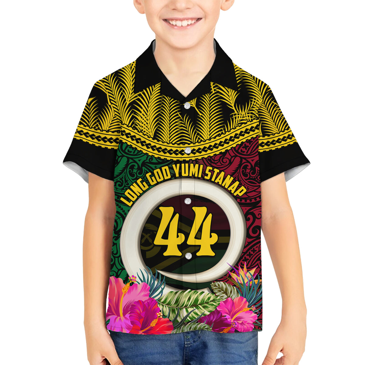 Vanuatu 44th Anniversary Independence Day Family Matching Tank Maxi Dress and Hawaiian Shirt Boars Tusk and Namele Plant LT03 Son's Shirt Black - Polynesian Pride