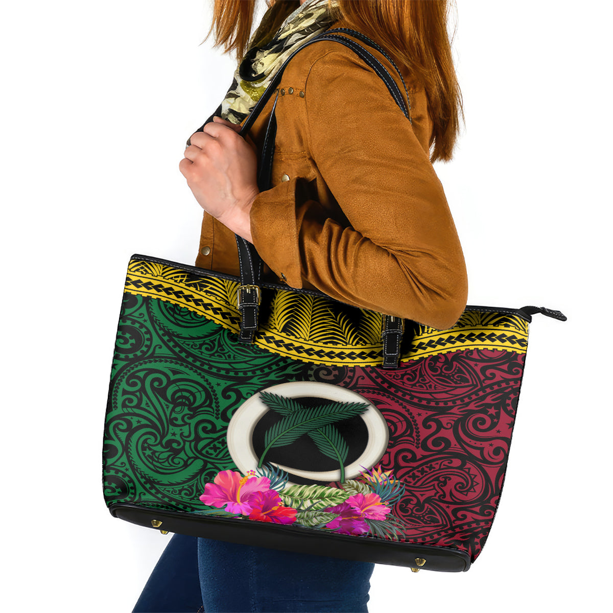 Vanuatu 44th Anniversary Independence Day Leather Tote Bag Boars Tusk and Namele Plant LT03 Black - Polynesian Pride