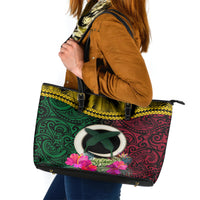 Vanuatu 44th Anniversary Independence Day Leather Tote Bag Boars Tusk and Namele Plant LT03 Black - Polynesian Pride