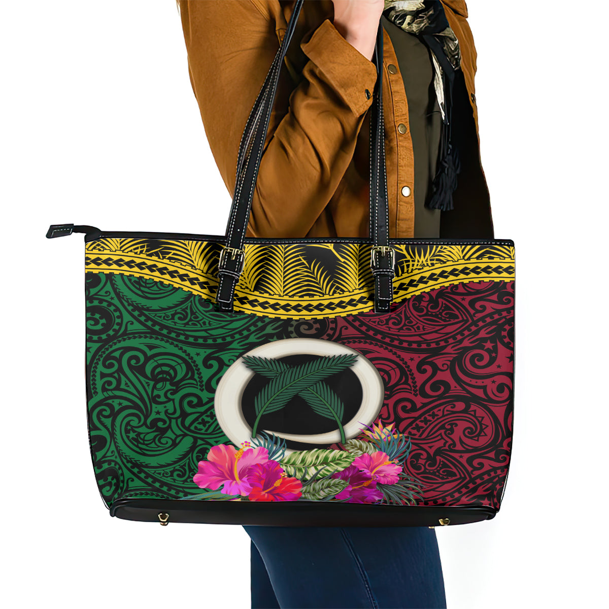 Vanuatu 44th Anniversary Independence Day Leather Tote Bag Boars Tusk and Namele Plant LT03 - Polynesian Pride