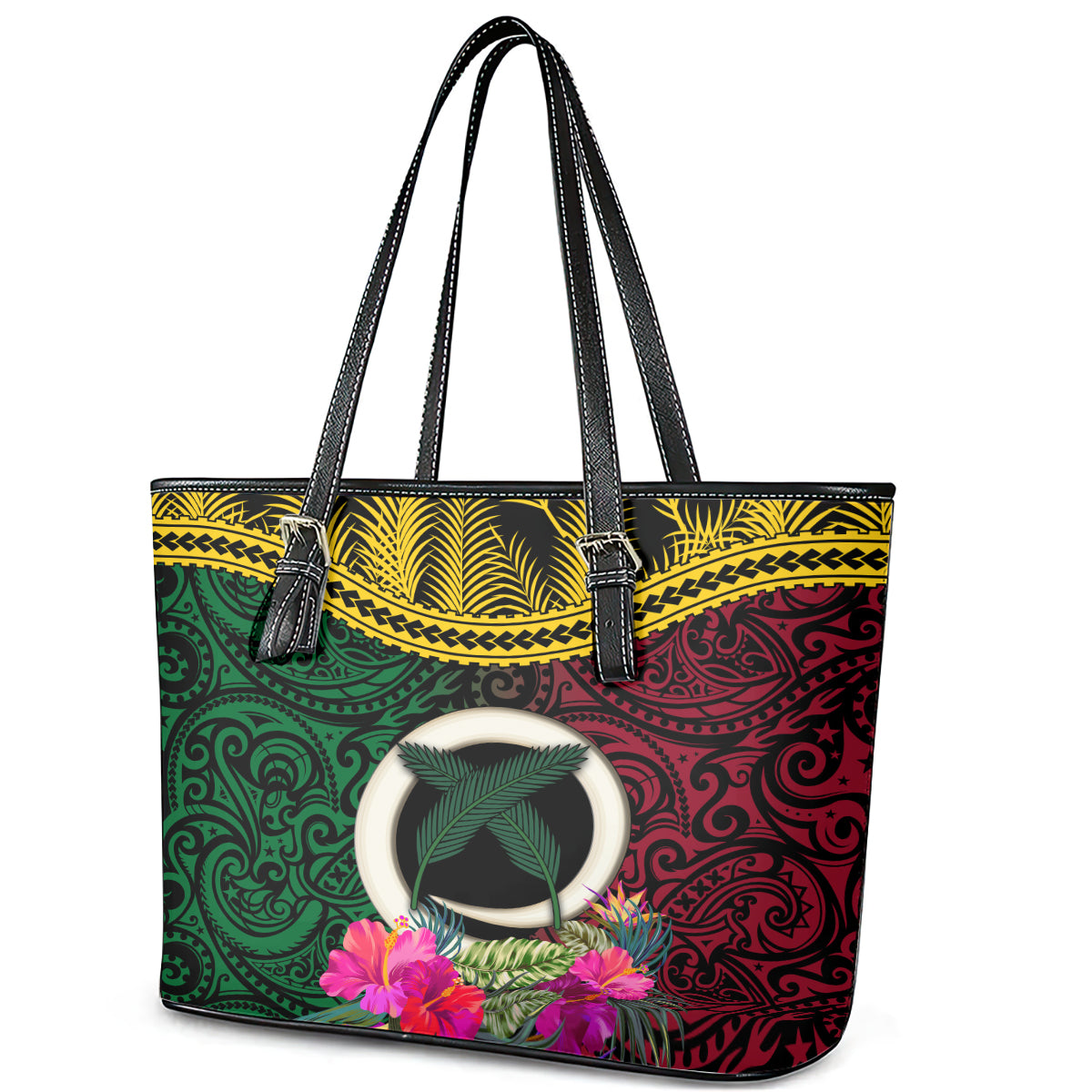 Vanuatu 44th Anniversary Independence Day Leather Tote Bag Boars Tusk and Namele Plant LT03 - Polynesian Pride