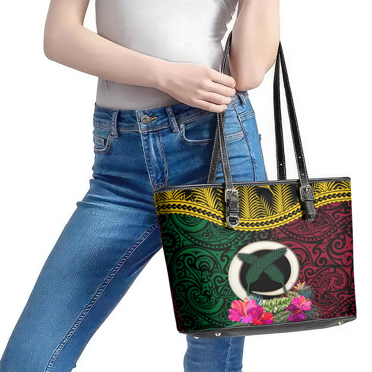 Vanuatu 44th Anniversary Independence Day Leather Tote Bag Boars Tusk and Namele Plant LT03 - Polynesian Pride