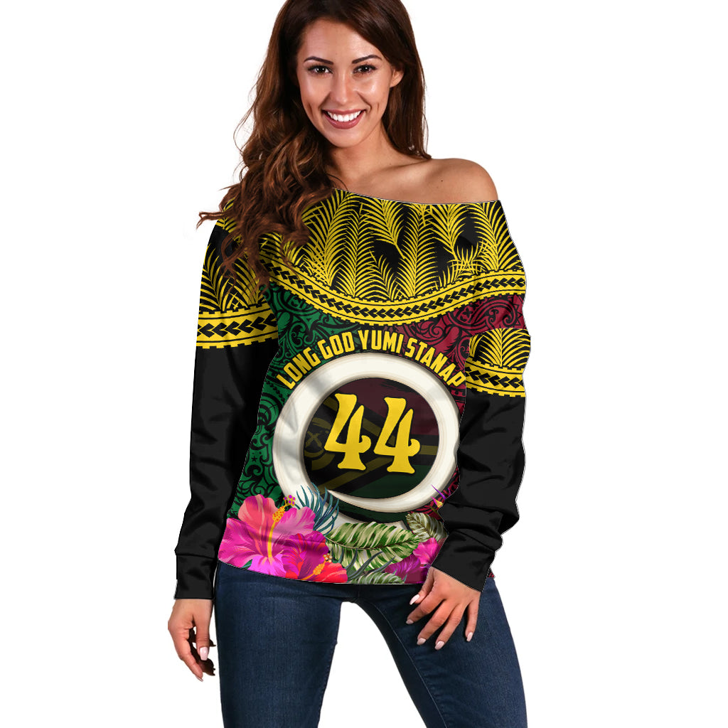 Vanuatu 44th Anniversary Independence Day Off Shoulder Sweater Boars Tusk and Namele Plant LT03