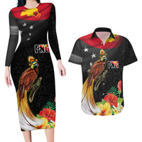 Papua New Guinea Independence Day Couples Matching Long Sleeve Bodycon Dress and Hawaiian Shirt PNG Flag and Bird-of-Paradise LT03 Black - Polynesian Pride