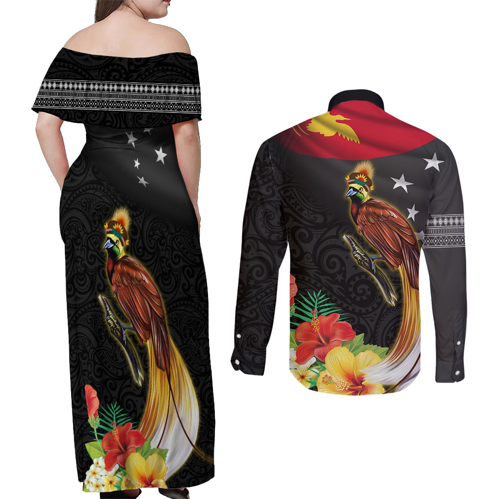 Papua New Guinea Independence Day Couples Matching Off Shoulder Maxi Dress and Long Sleeve Button Shirt PNG Flag and Bird-of-Paradise LT03 - Polynesian Pride