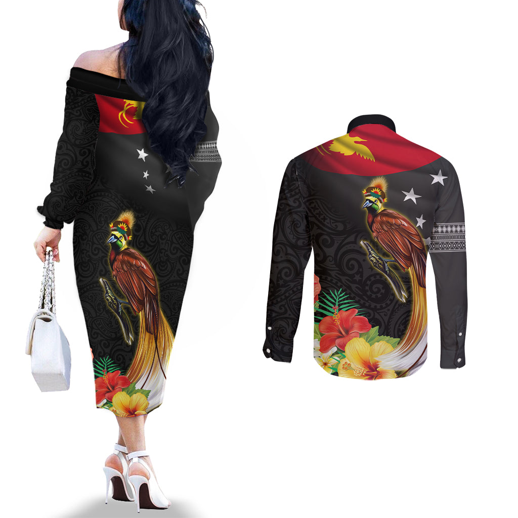 Papua New Guinea Independence Day Couples Matching Off The Shoulder Long Sleeve Dress and Long Sleeve Button Shirt PNG Flag and Bird-of-Paradise LT03 - Polynesian Pride