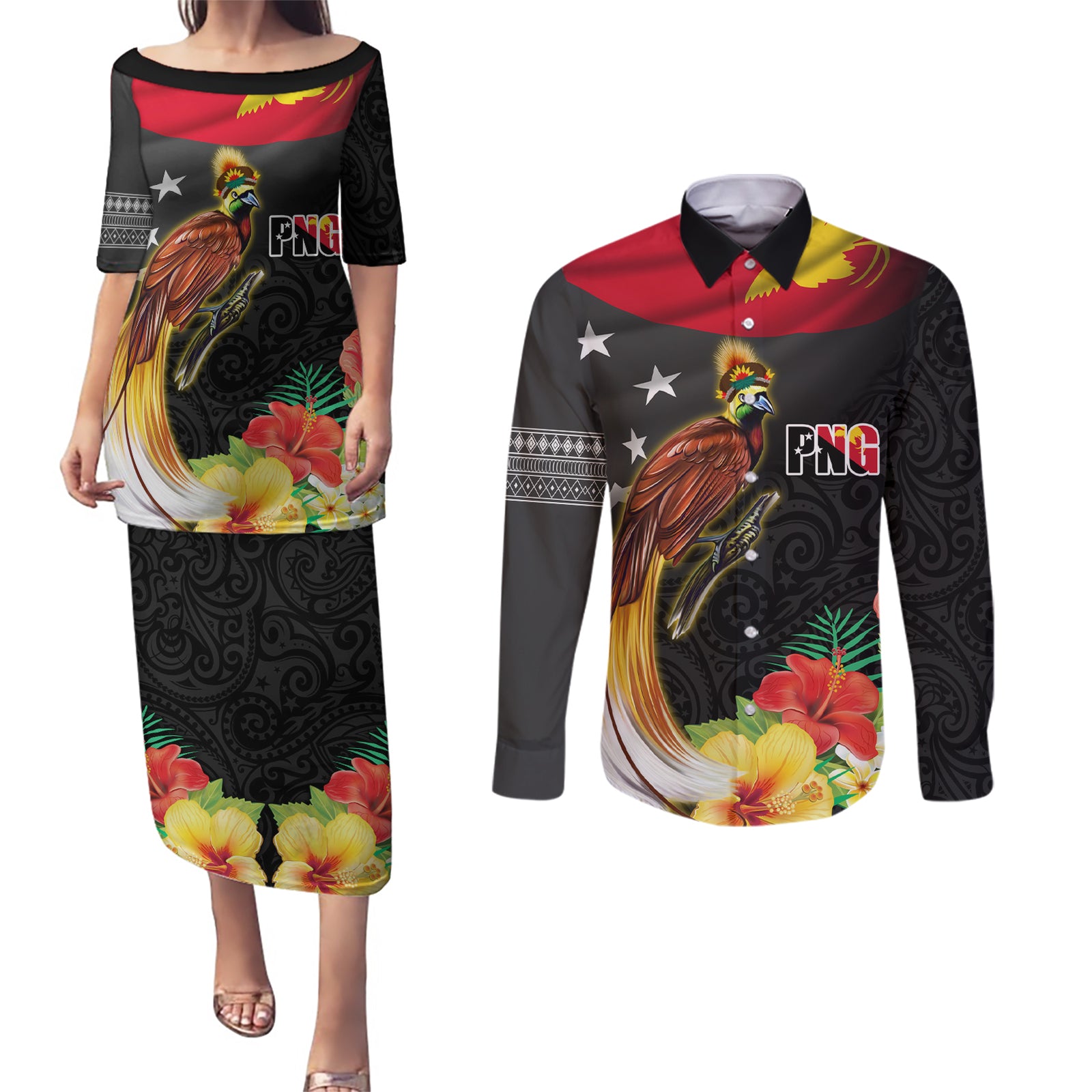Papua New Guinea Independence Day Couples Matching Puletasi and Long Sleeve Button Shirt PNG Flag and Bird-of-Paradise