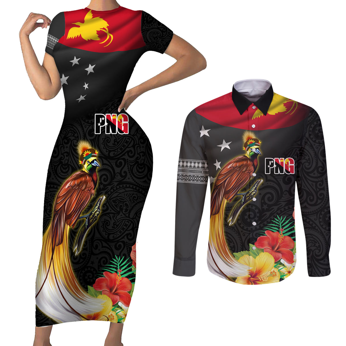 Papua New Guinea Independence Day Couples Matching Short Sleeve Bodycon Dress and Long Sleeve Button Shirt PNG Flag and Bird-of-Paradise LT03 Black - Polynesian Pride