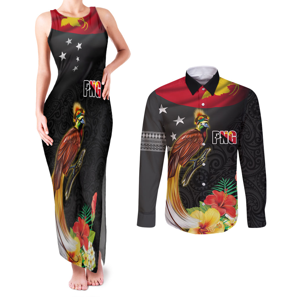 Papua New Guinea Independence Day Couples Matching Tank Maxi Dress and Long Sleeve Button Shirt PNG Flag and Bird-of-Paradise LT03 Black - Polynesian Pride