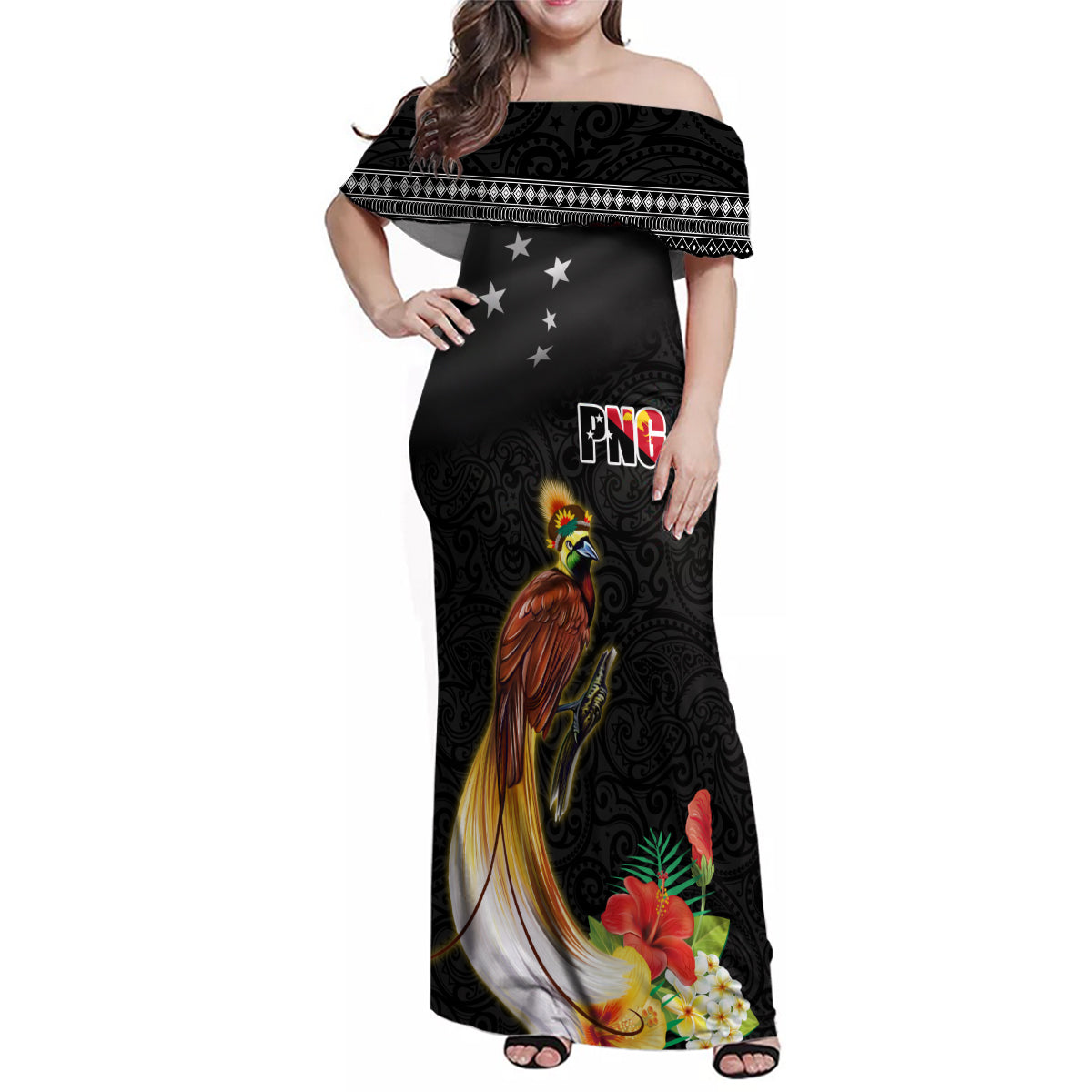 Papua New Guinea Independence Day Family Matching Off Shoulder Maxi Dress and Hawaiian Shirt PNG Flag and Bird-of-Paradise LT03 Mom's Dress Black - Polynesian Pride