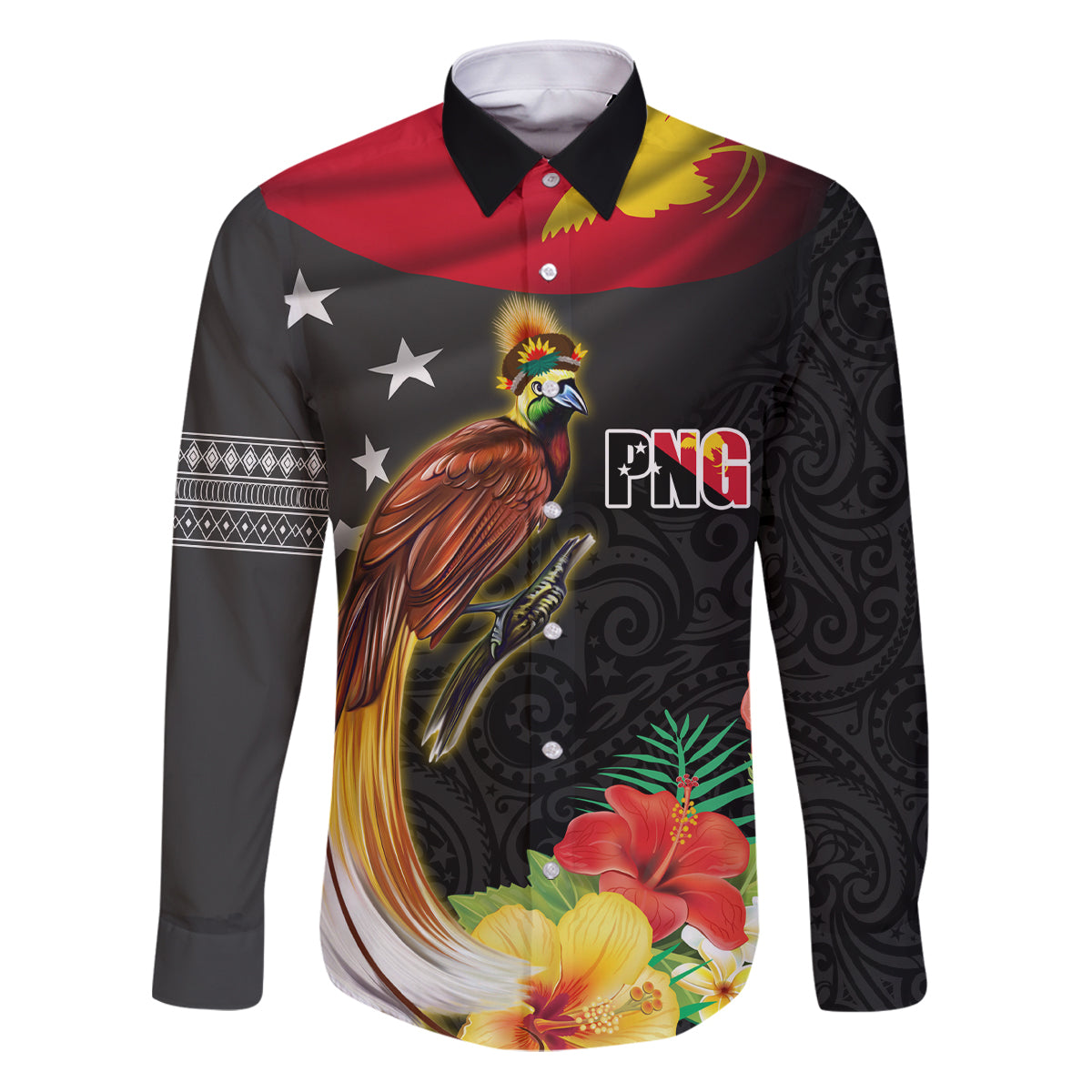 Papua New Guinea Independence Day Family Matching Puletasi and Hawaiian Shirt PNG Flag and Bird-of-Paradise LT03 Dad's Shirt - Long Sleeve Black - Polynesian Pride