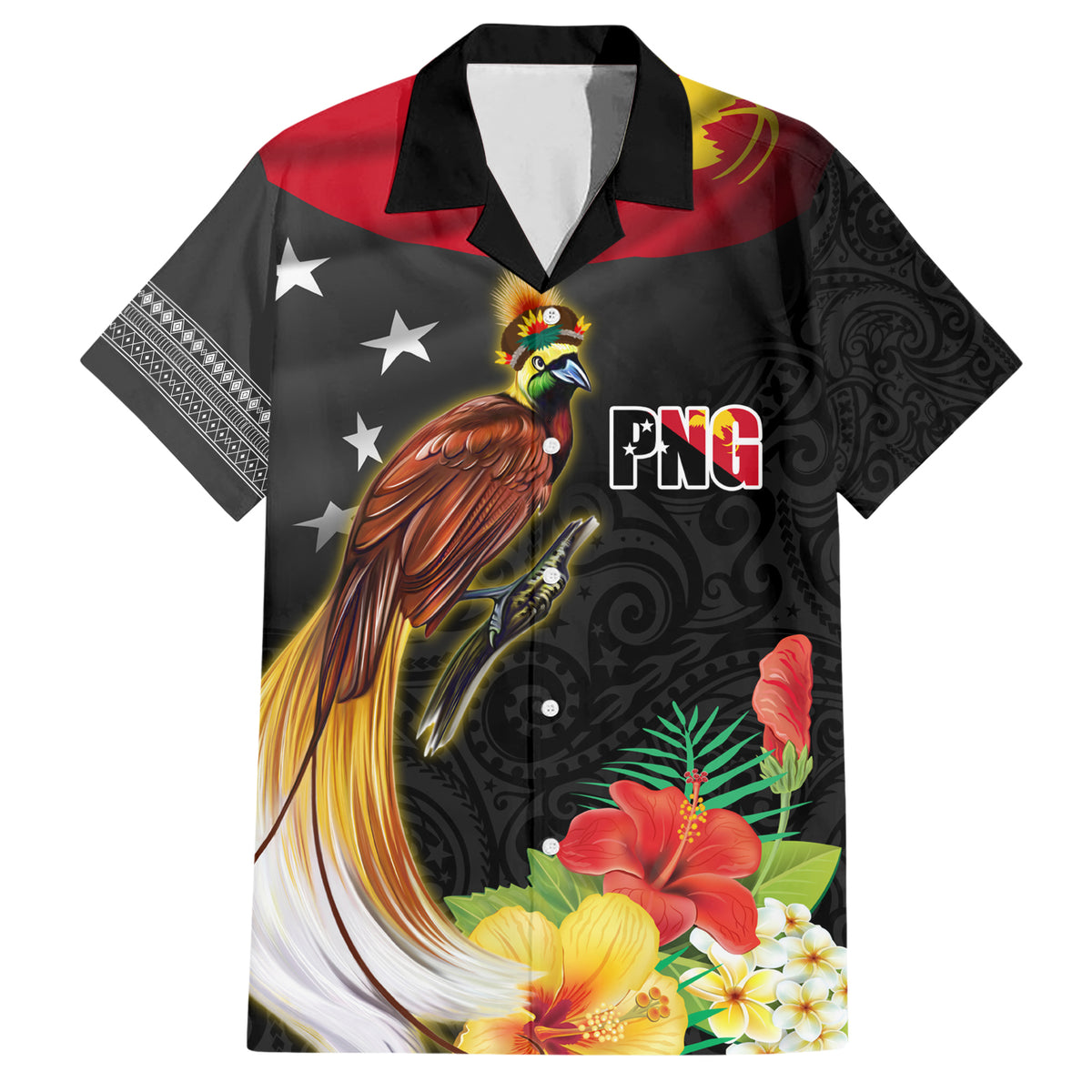 Papua New Guinea Independence Day Family Matching Short Sleeve Bodycon Dress and Hawaiian Shirt PNG Flag and Bird-of-Paradise LT03 Dad's Shirt - Short Sleeve Black - Polynesian Pride