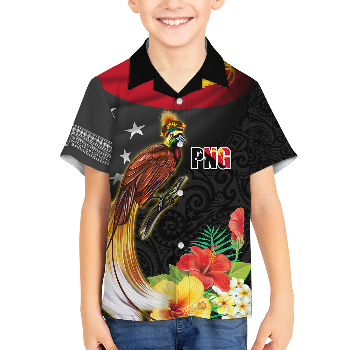 Papua New Guinea Independence Day Family Matching Summer Maxi Dress and Hawaiian Shirt PNG Flag and Bird-of-Paradise LT03 Son's Shirt Black - Polynesian Pride