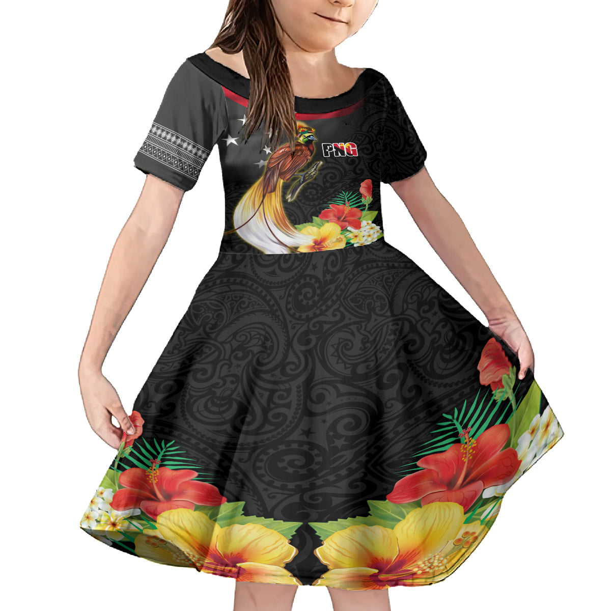 Papua New Guinea Independence Day Family Matching Tank Maxi Dress and Hawaiian Shirt PNG Flag and Bird-of-Paradise LT03 Daughter's Dress Black - Polynesian Pride