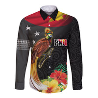 Papua New Guinea Independence Day Long Sleeve Button Shirt PNG Flag and Bird-of-Paradise LT03 Unisex Black - Polynesian Pride