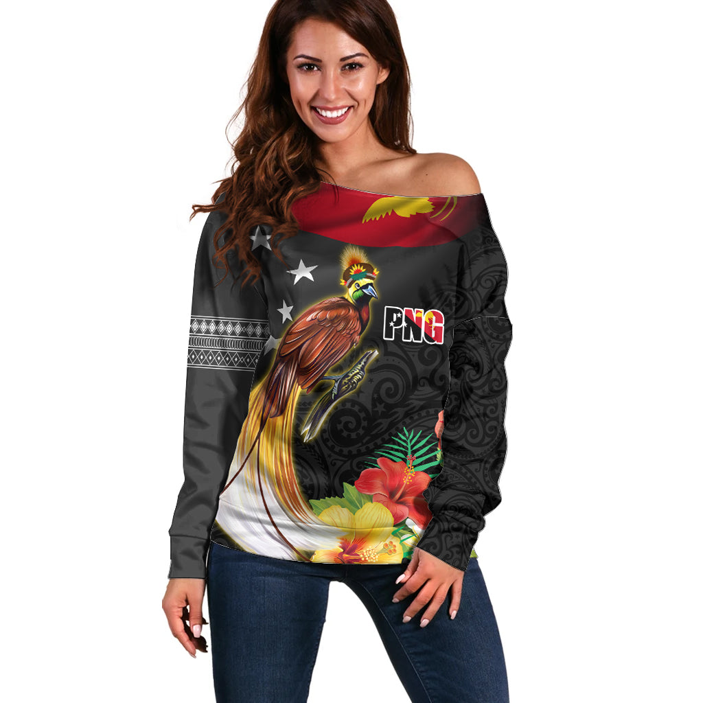 Papua New Guinea Independence Day Off Shoulder Sweater PNG Flag and Bird-of-Paradise LT03 Women Black - Polynesian Pride