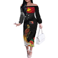 Papua New Guinea Independence Day Off The Shoulder Long Sleeve Dress PNG Flag and Bird-of-Paradise LT03 Women Black - Polynesian Pride