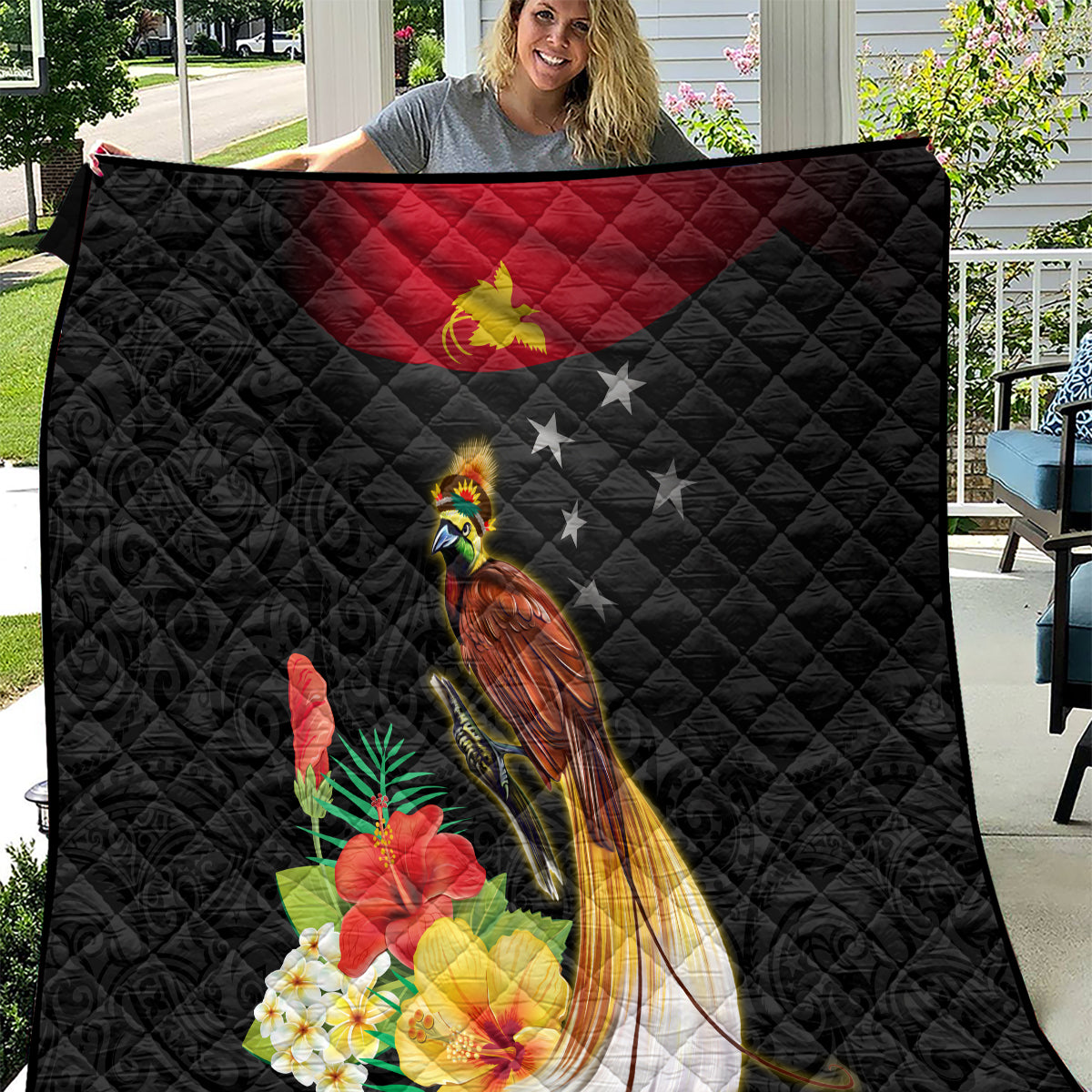 Papua New Guinea Independence Day Quilt PNG Flag and Bird-of-Paradise LT03 Black - Polynesian Pride