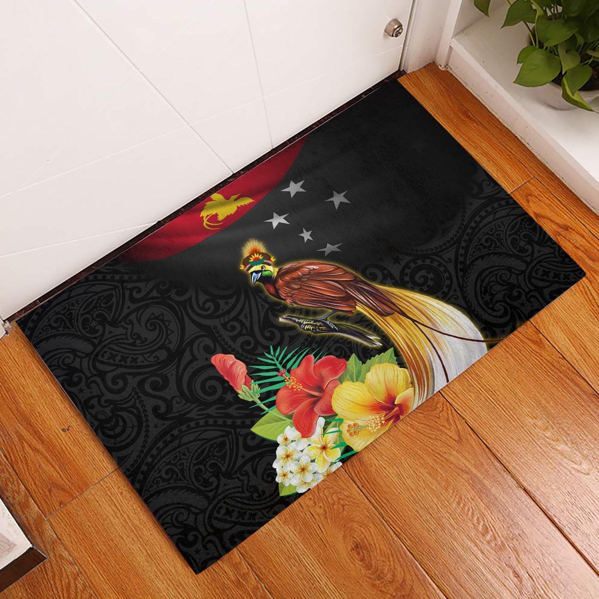 Papua New Guinea Independence Day Rubber Doormat PNG Flag and Bird-of-Paradise LT03 Black - Polynesian Pride