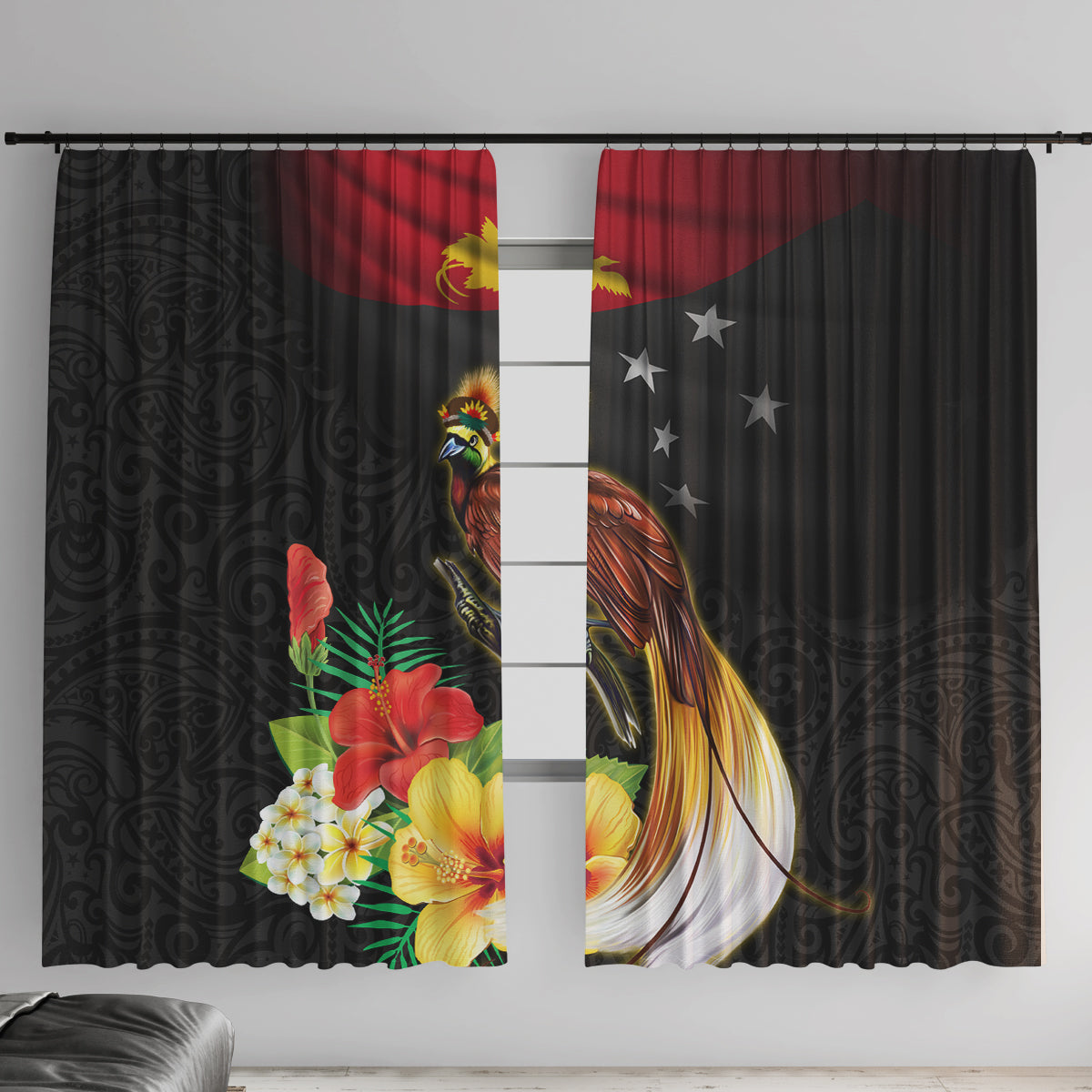 Papua New Guinea Independence Day Window Curtain PNG Flag and Bird-of-Paradise LT03 With Hooks Black - Polynesian Pride